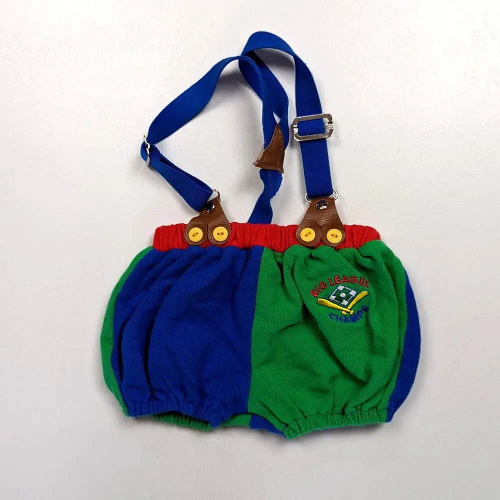 Vintage O Baby Shorts Boys Sz 3-6m Colorblock Suspenders 90s Retro Bubble
